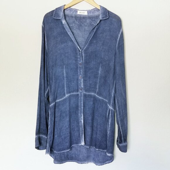 Bella Dahl Blue Distressed Split Side Longline Tunic Button Down Shirt Top L USA - Picture 2 of 15
